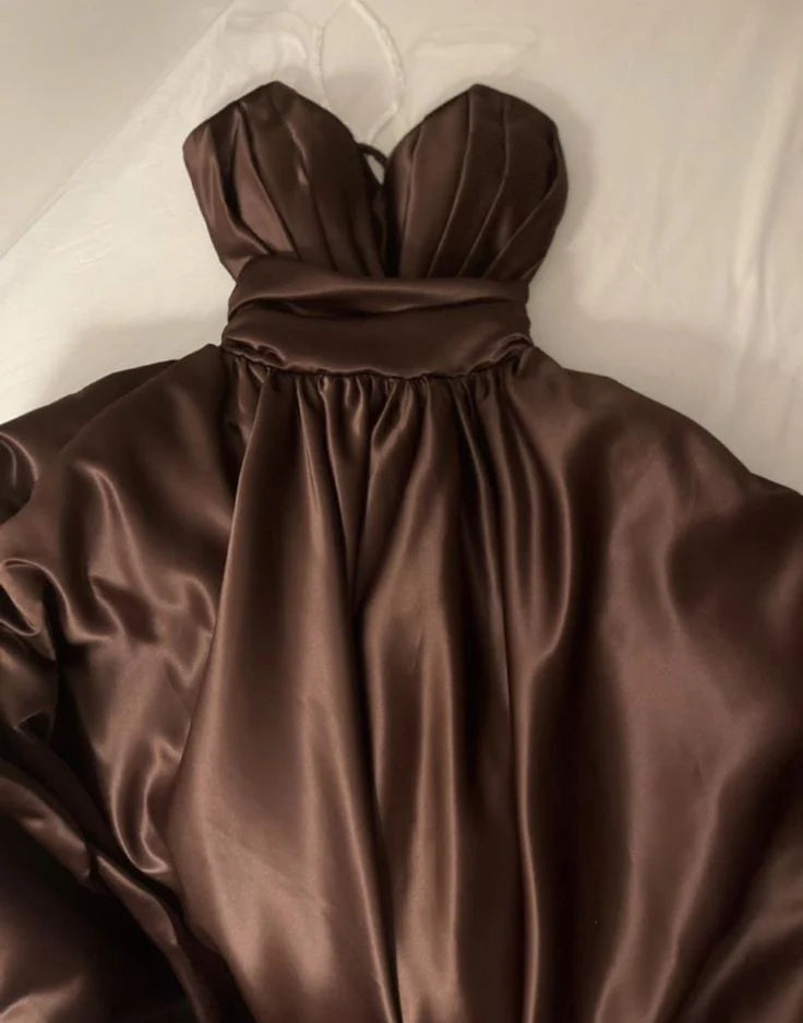 TingPo Wholesale Classy A Line Spaghetti Straps Brown Pleated Party Dress Prom Dresses Evening Dress